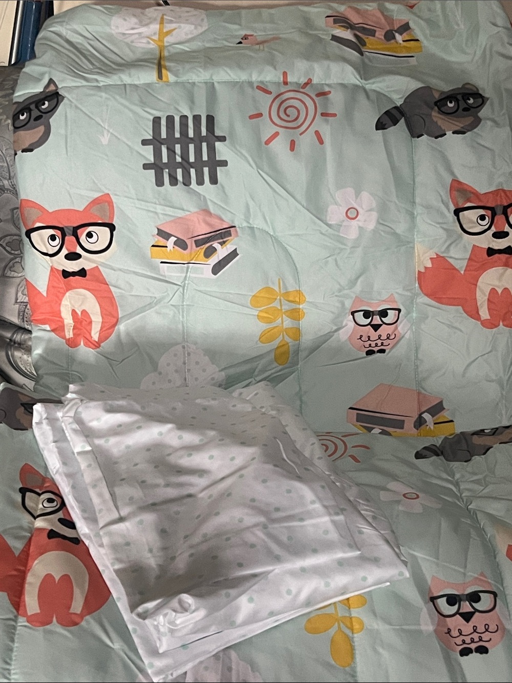 Whimsical Fox & Owl Comforter in Mint Green